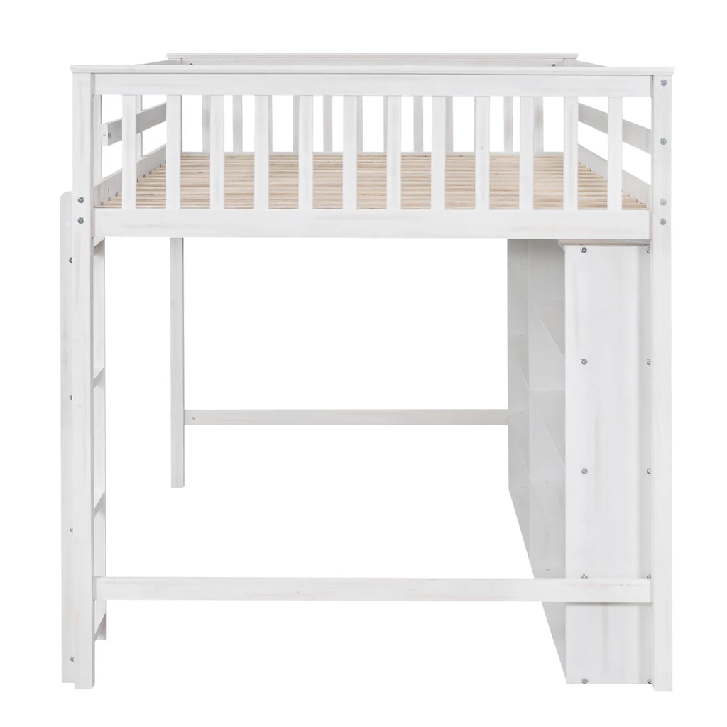 White Wood Full Size Loft Bed with 8 Open Storage Shelves O76639