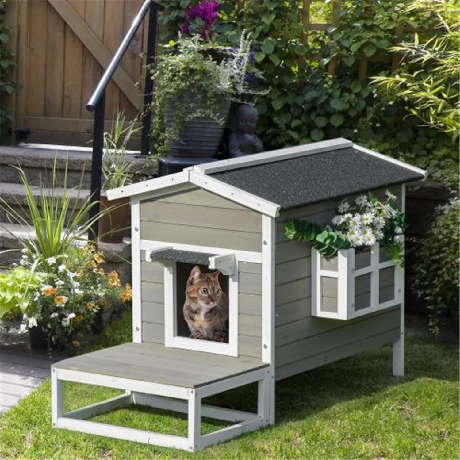 Dark Gray Wooden 2-Floor Cat Shelter with Asphalt Roof G42865