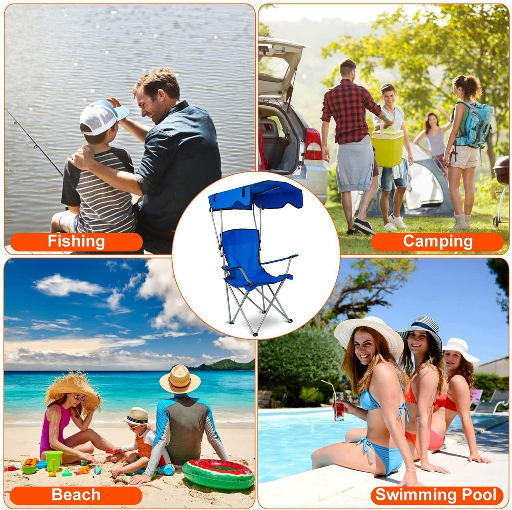 Heavy Duty Folding Camping Lawn Chair with Shade Canopy and Cup Holder (Blue) D4526