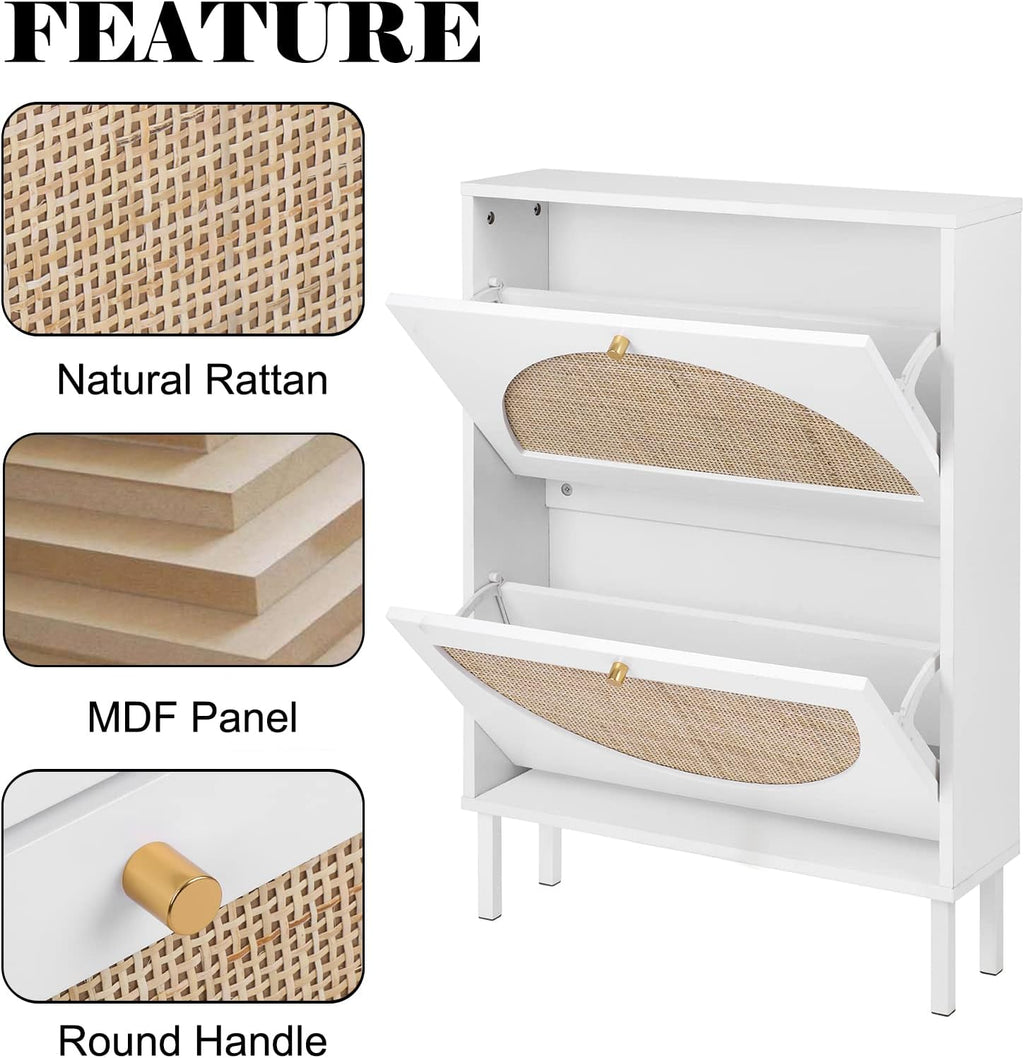 White Rattan Shoe Cabinet with 2 Flip Drawers M1017