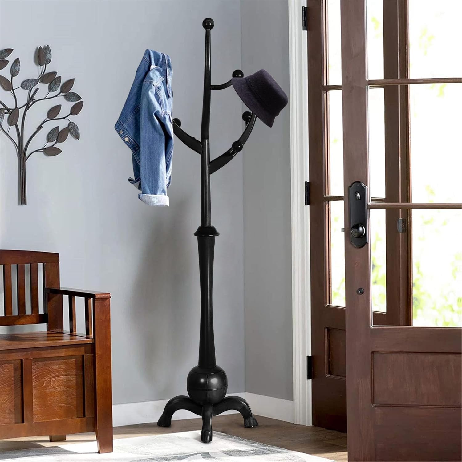 Black Freestanding Wood Coat Rack with 8 Hooks J579592