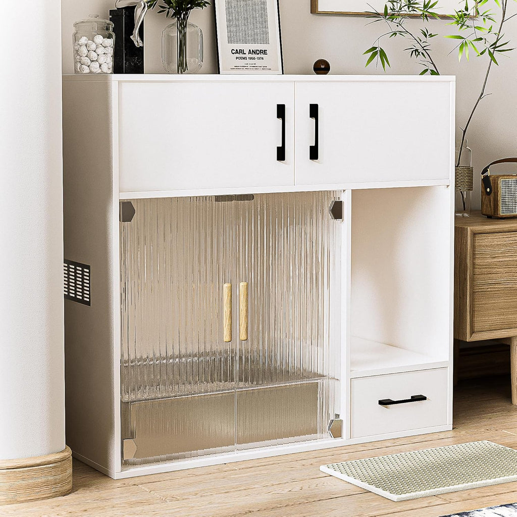 White Cat Litter Box Enclosure Furniture Cabinet with Storage Space, 37.4'' x 19.7'' x 35.4'' I28915