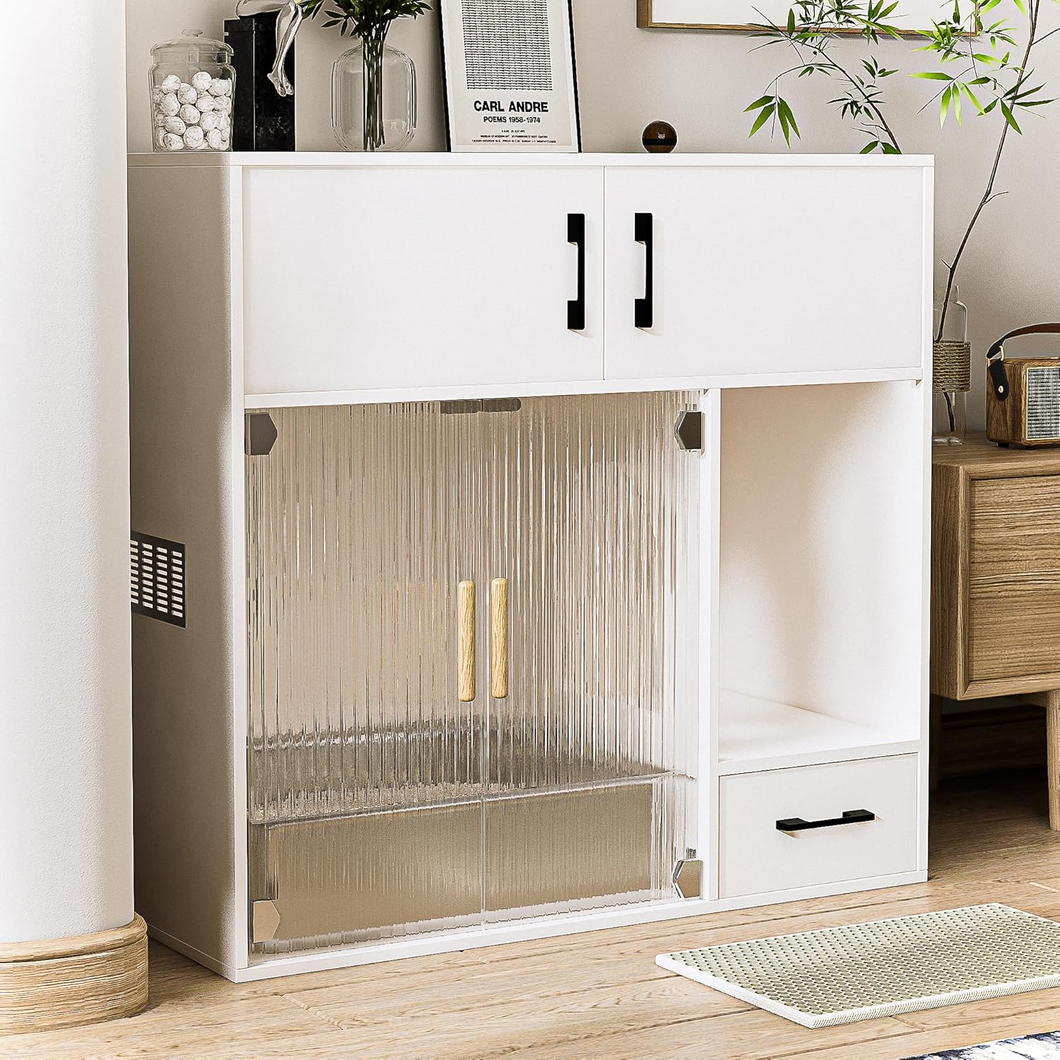 White Cat Litter Box Enclosure Furniture Cabinet with Storage Space, 37.4'' x 19.7'' x 35.4'' I28915
