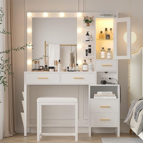 White Vanity Desk with Lighted Mirror and Chair, 5 Drawers Vanity Table Set with LED Cabinet & Storage Bag I703283