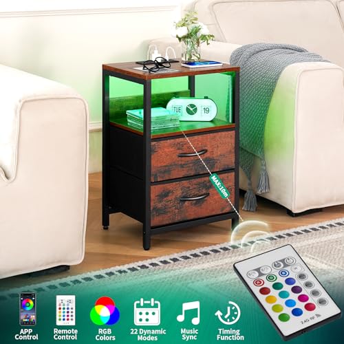 LED Night Stand with Fabric Drawers and Storage Shelf A52281