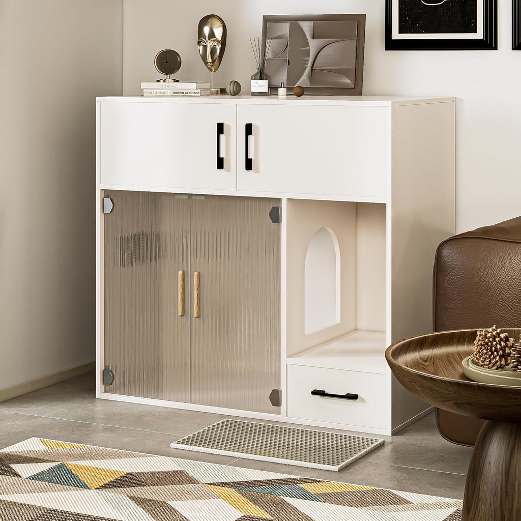 White Cat Litter Box Enclosure Furniture Cabinet with Storage Space, 37.4'' x 19.7'' x 35.4'' I28915
