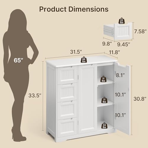 White Storage Cabinet with 4 Drawers & Double Doors T3772