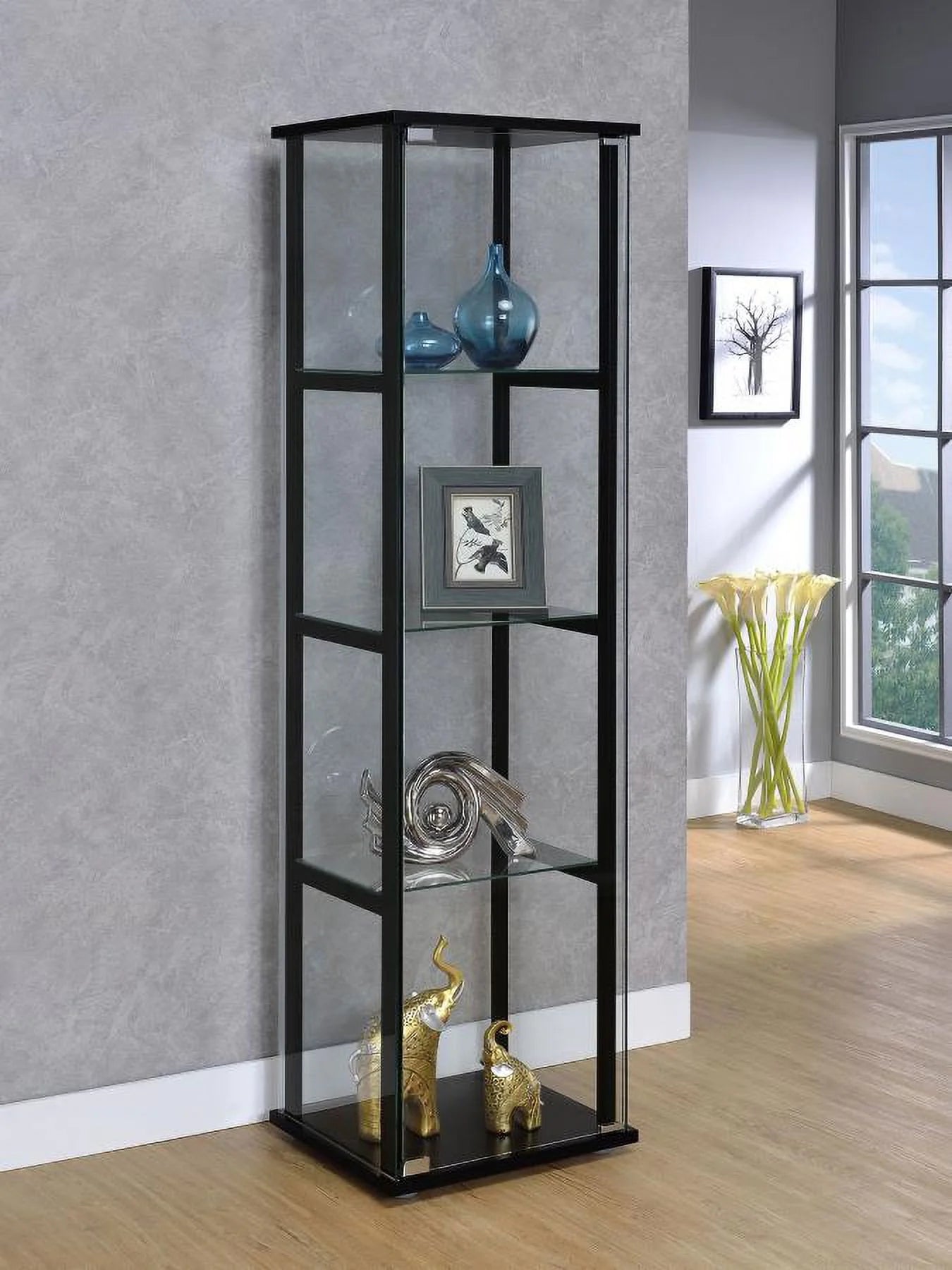 Black Wood Glass 4 Shelf Curio Cabinet J496