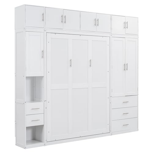 Full Size White Wooden Murphy Bed with Lockers and Wardrobes S320