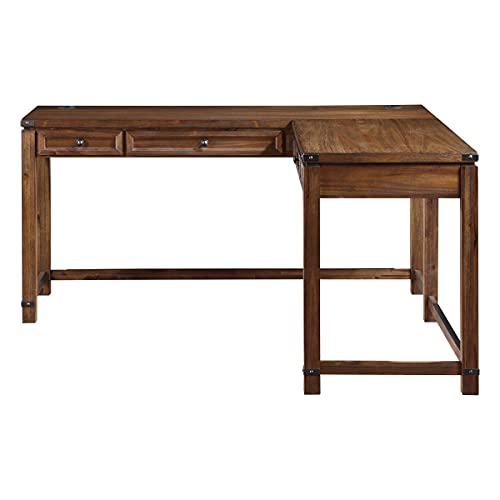 Rustic L-Shape Office Desk with Power Port Drawer, Champagne Oak Finish O314166