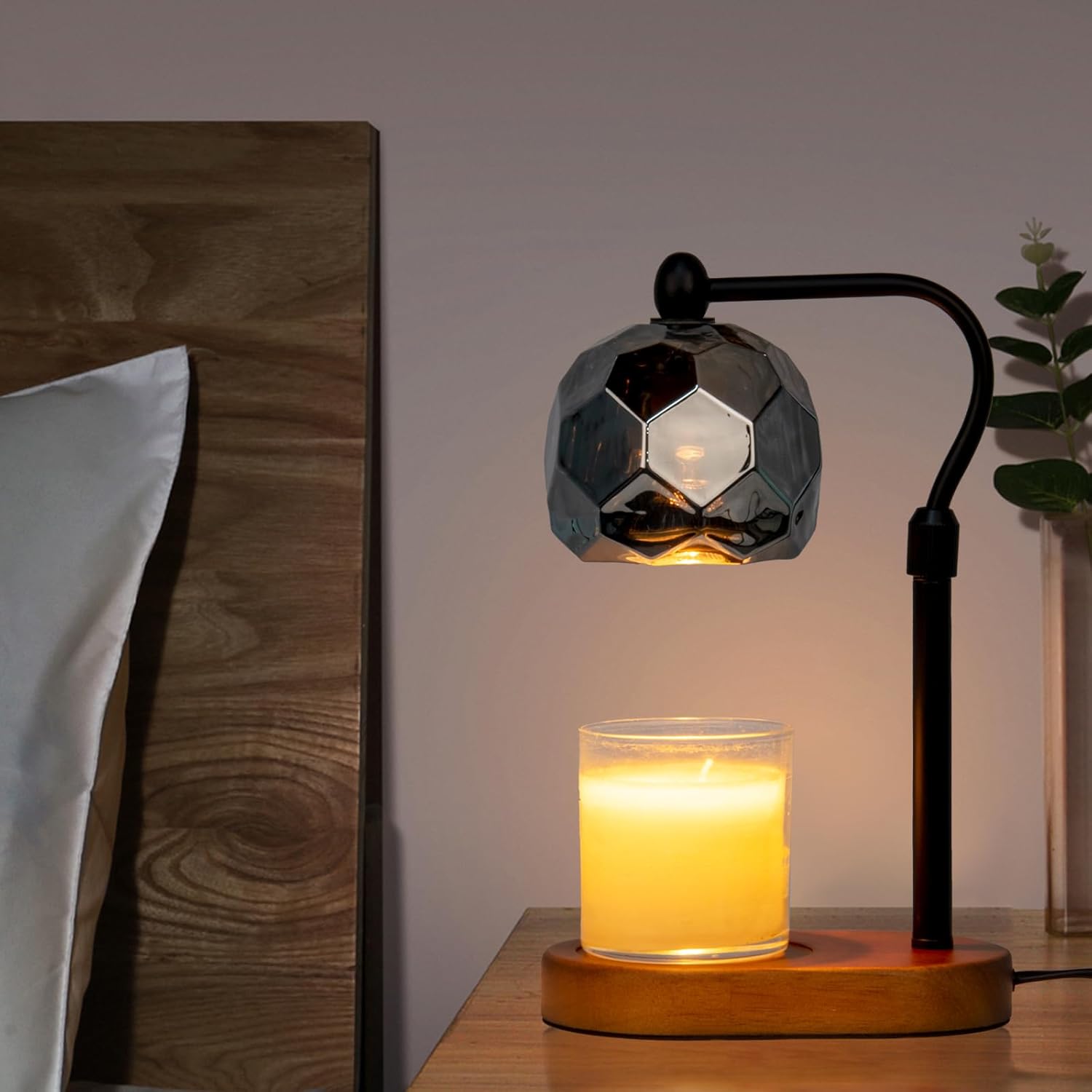 Candle Warmer Lamp with Timer, Adjustable Dimmer & Height, 2 Bulbs, Wooden Base Y950