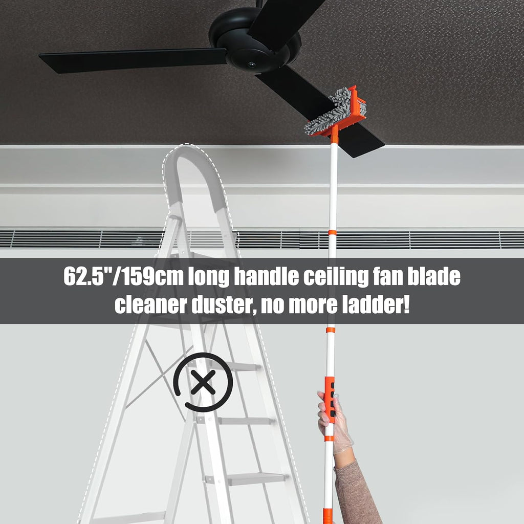62.5‘’ Extendable Long Handle Ceiling Fan Cleaning Tool with Reusable Chenille & Microfiber Mop Head A739