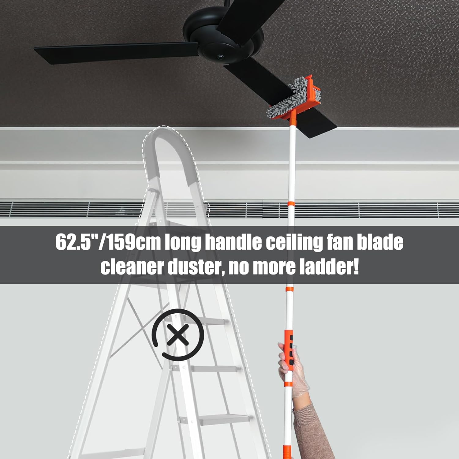62.5‘’ Extendable Long Handle Ceiling Fan Cleaning Tool with Reusable Chenille & Microfiber Mop Head A739