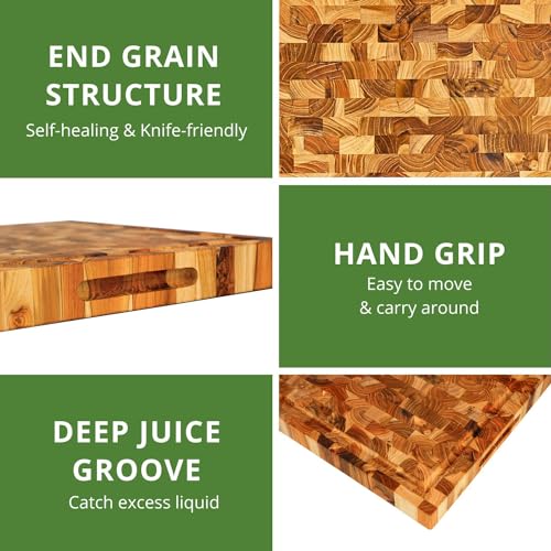 Teak Wood End Grain Cutting Board with Juice Groove Hand Grip (Medium 18x14x1.5 inches) G11665