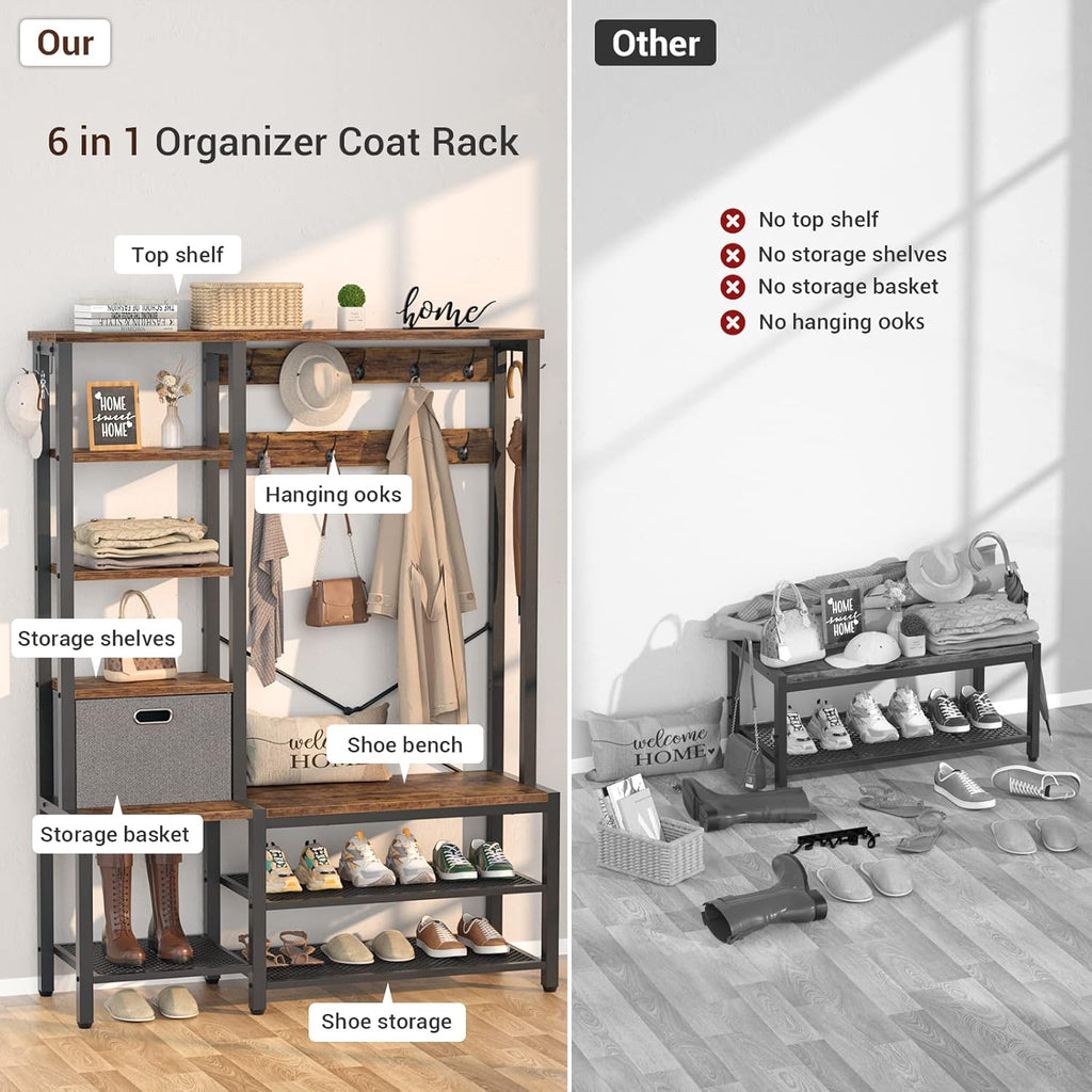Rustic Brown Hall Tree with Storage Bench, Coat Rack, 5-Tier Shelves, Fabric Storage Basket, Side hooks, Metal Frame L41046