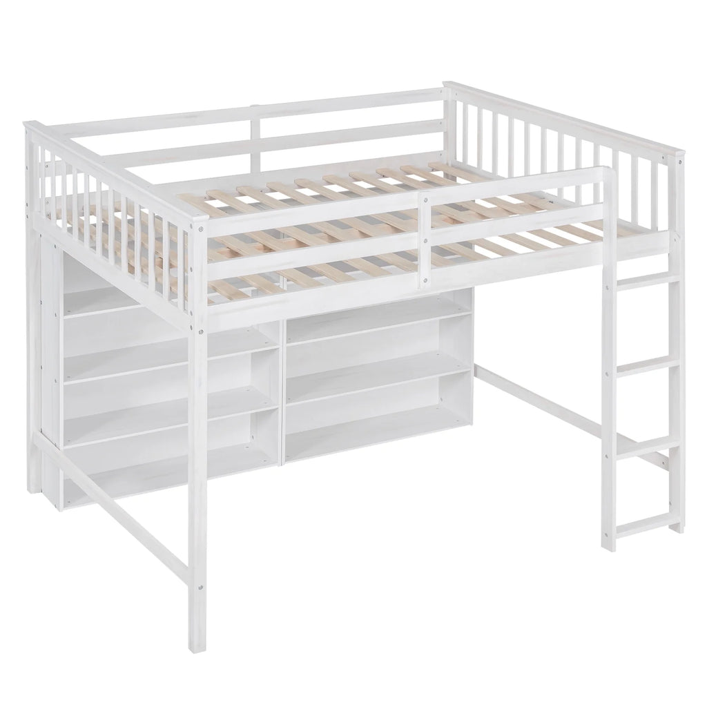 White Wood Full Size Loft Bed with 8 Open Storage Shelves O76639