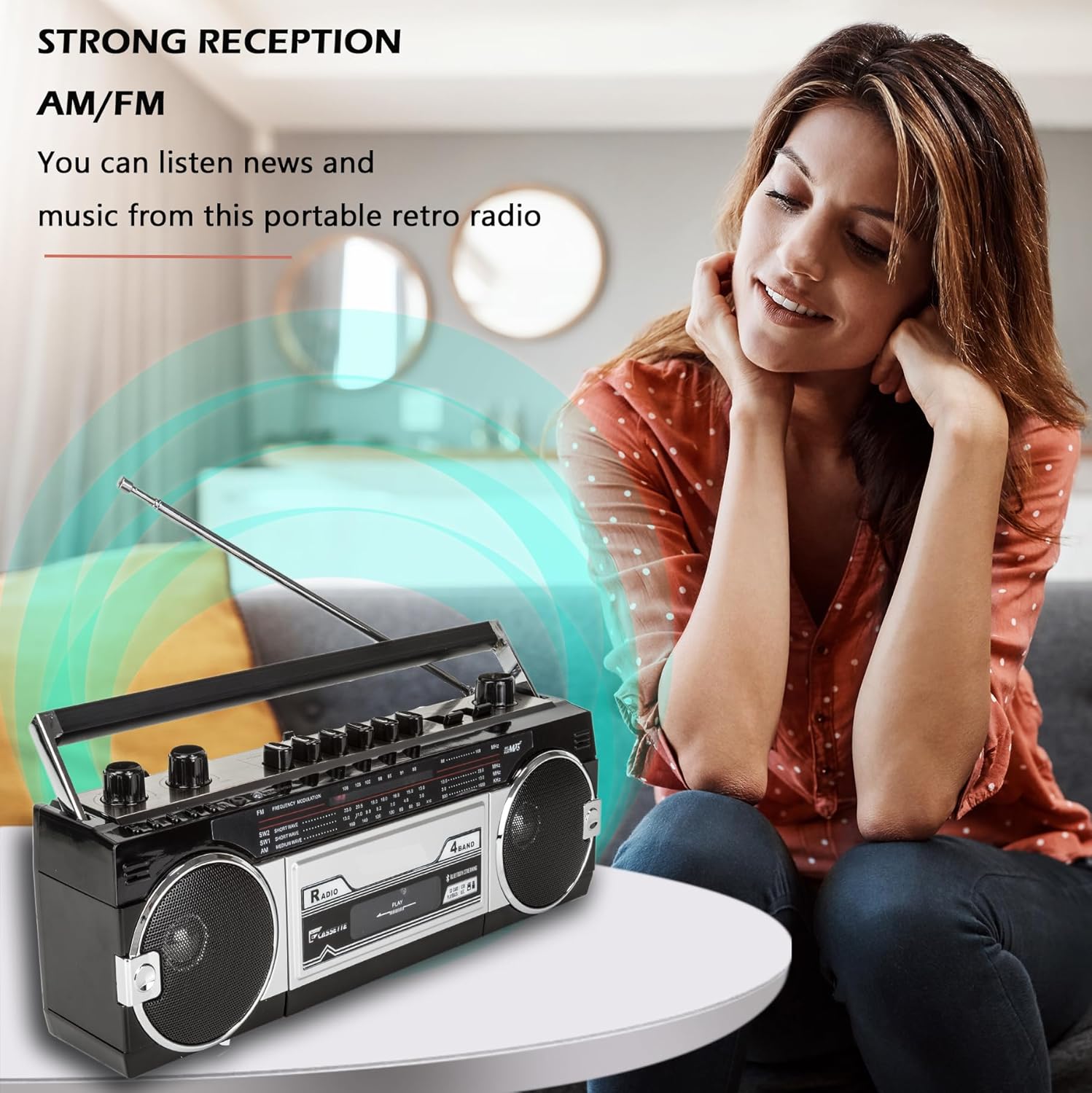 Black Retro Bluetooth Boombox Radio Cassette Player Recorder E785