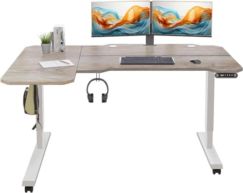 Rustic Brown 59 Inch L-Shaped Electric Sit-Stand Computer Desk with 3 Splice Boards U722