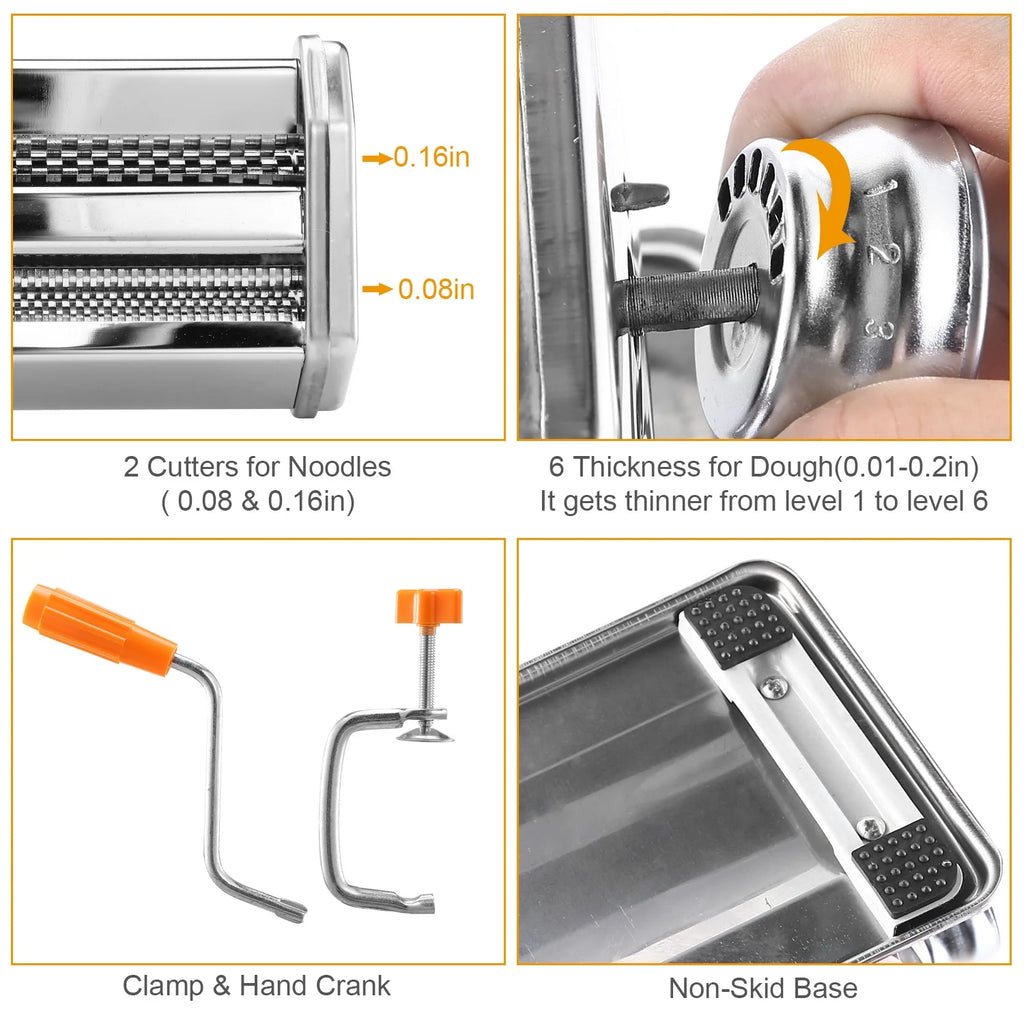 Silver Pasta Maker with 6 Thickness Settings and Rollers Cutter J425