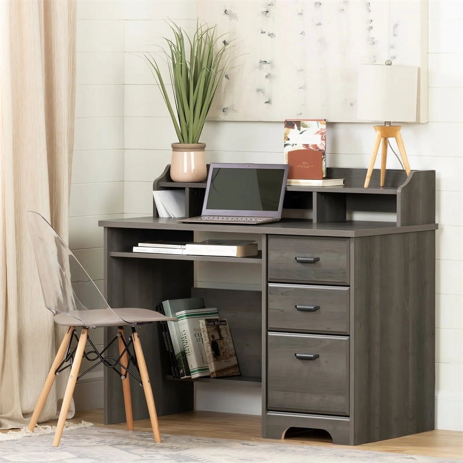 Gray Maple Desk with Hutch and 2-Drawer File Cabinet Set T869