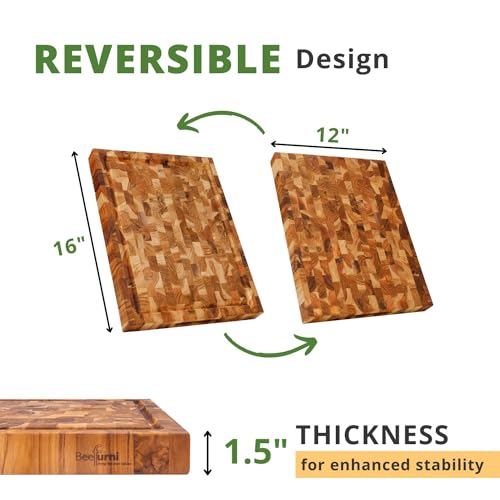 Teak Wood End Grain Cutting Board with Juice Groove Hand Grip (Medium 18x14x1.5 inches) G11665