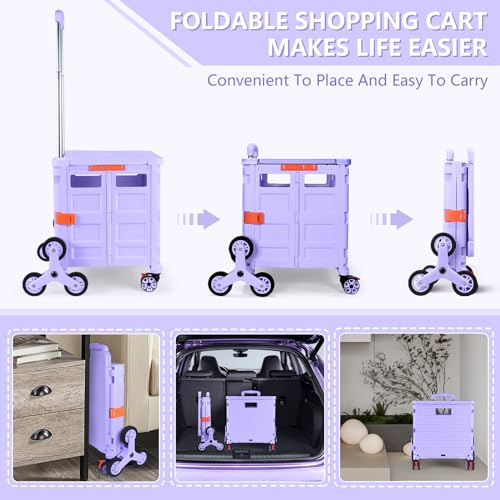 Foldable Utility Cart with Stair Climbing Wheels, Collapsible Rolling Crate with Magnetic Lid Telescopic Cover, Telescoping Handle, 360° Rotate Wheel Hand Cart (Purple) V69719