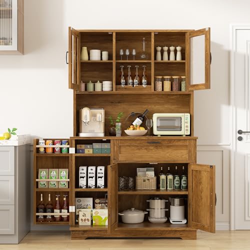 Brown Freestanding Kitchen Pantry Storage Cabinet with Microwave Stand, 4 Door Shelves, Adjustable Shelves and Wine Rack H556463
