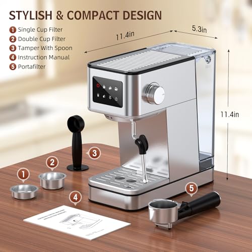 Silver Stainless Steel Espresso Machine with Milk Frother, 20 Bar, 57.5oz Water Tank K4755