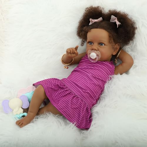 22" Realistic African American Newborn Baby Doll with Two Afro Puffs & Feeding Toys W87060