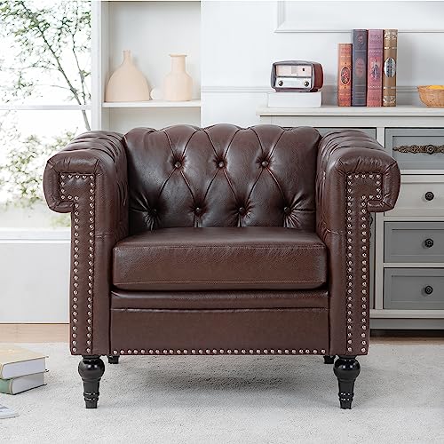 Brown Leather Square Arm Tufted Single Sofa Chair with Nailheads and Solid Wood Legs O898104