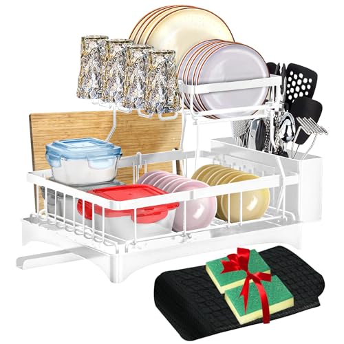 White 2-Tier Metal Dish Drying Rack with Drainboard F45826