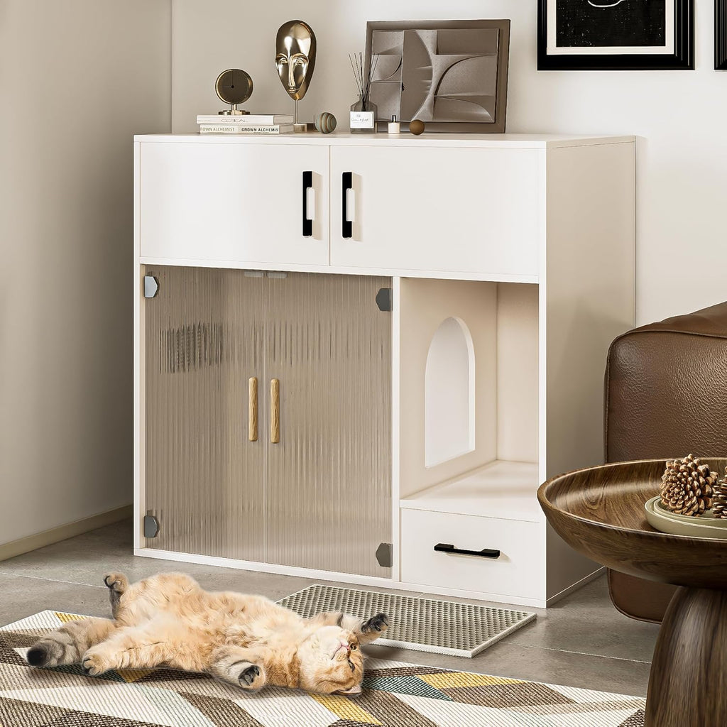 White Cat Litter Box Enclosure Furniture Cabinet with Storage Space, 37.4'' x 19.7'' x 35.4'' I28915