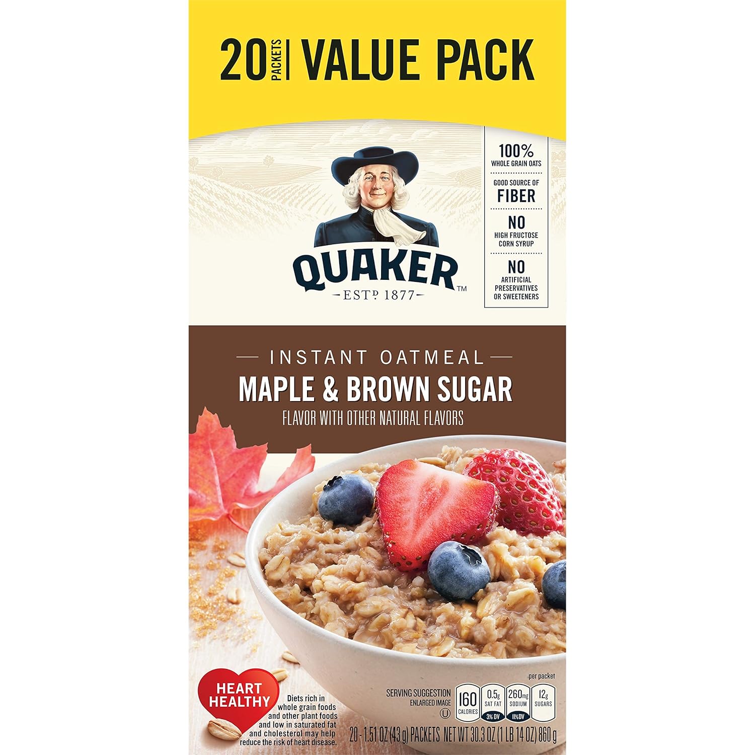 Maple & Brown Sugar Instant Oatmeal, 20 Count, 1.51 oz Packets A54113