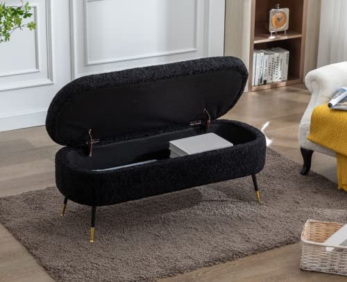 Black Sherpa Storage Ottoman Bench with Metal Legs A771