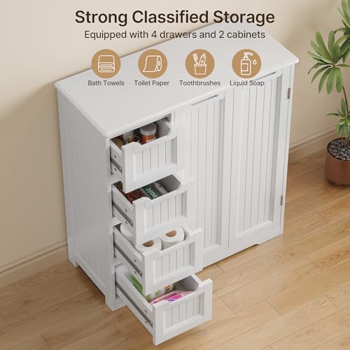 White Storage Cabinet with 4 Drawers & Double Doors T3772