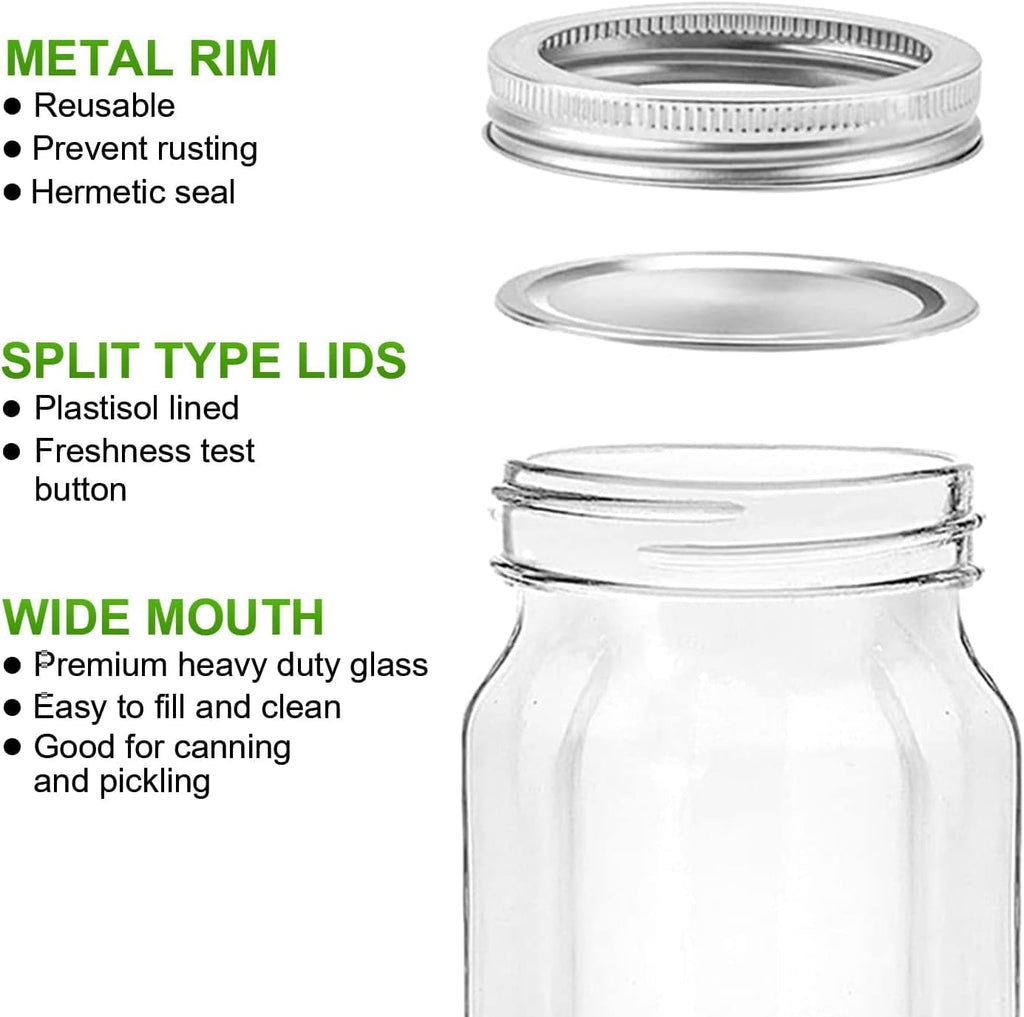 12 Pack 16 oz Clear Glass Mason Jars with Airtight Lids and Bands K1222