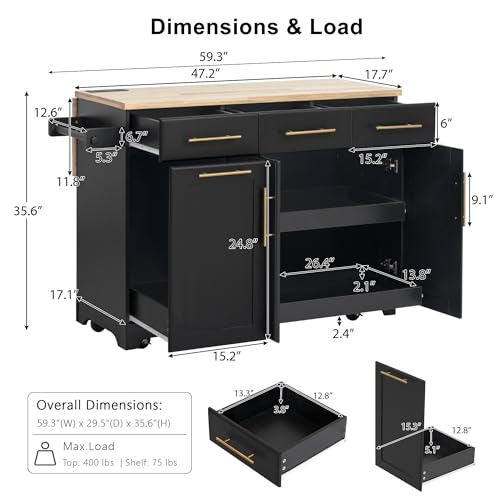 Black Kitchen Island with Storage and Drop Leaf V237420