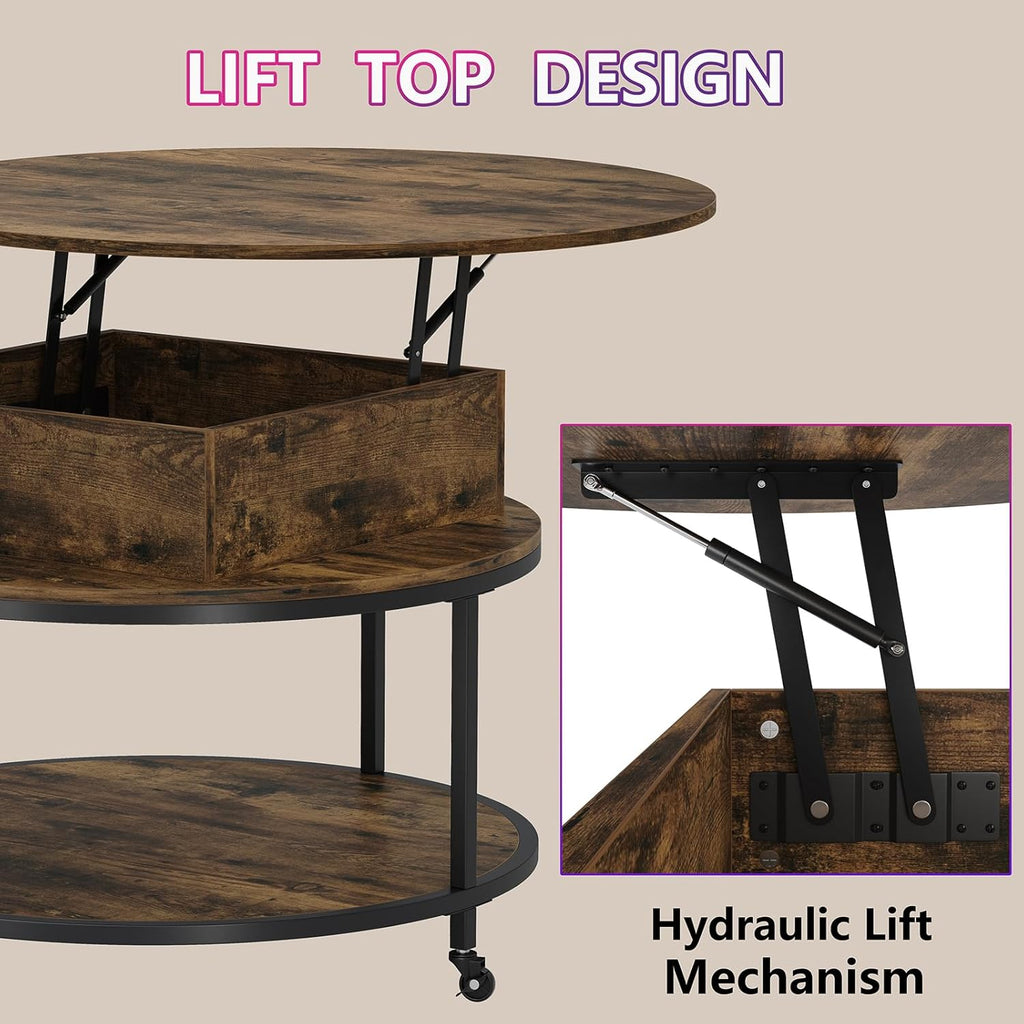 Rustic Brown Lift Top Round Coffee Table with 2-Tier Storage & Wheels C30371