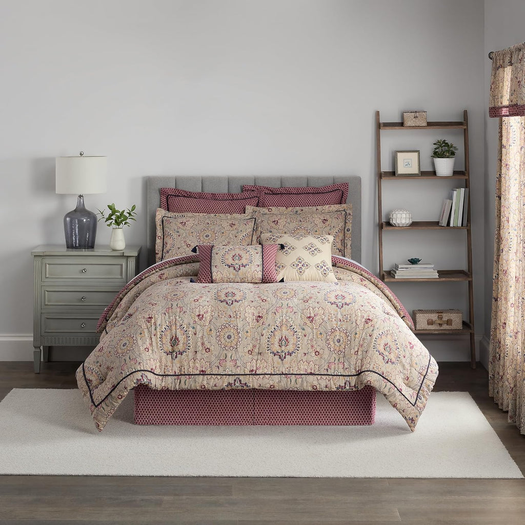 Beige & Maroon 4 Piece Cotton Comforter Set, Queen E5107