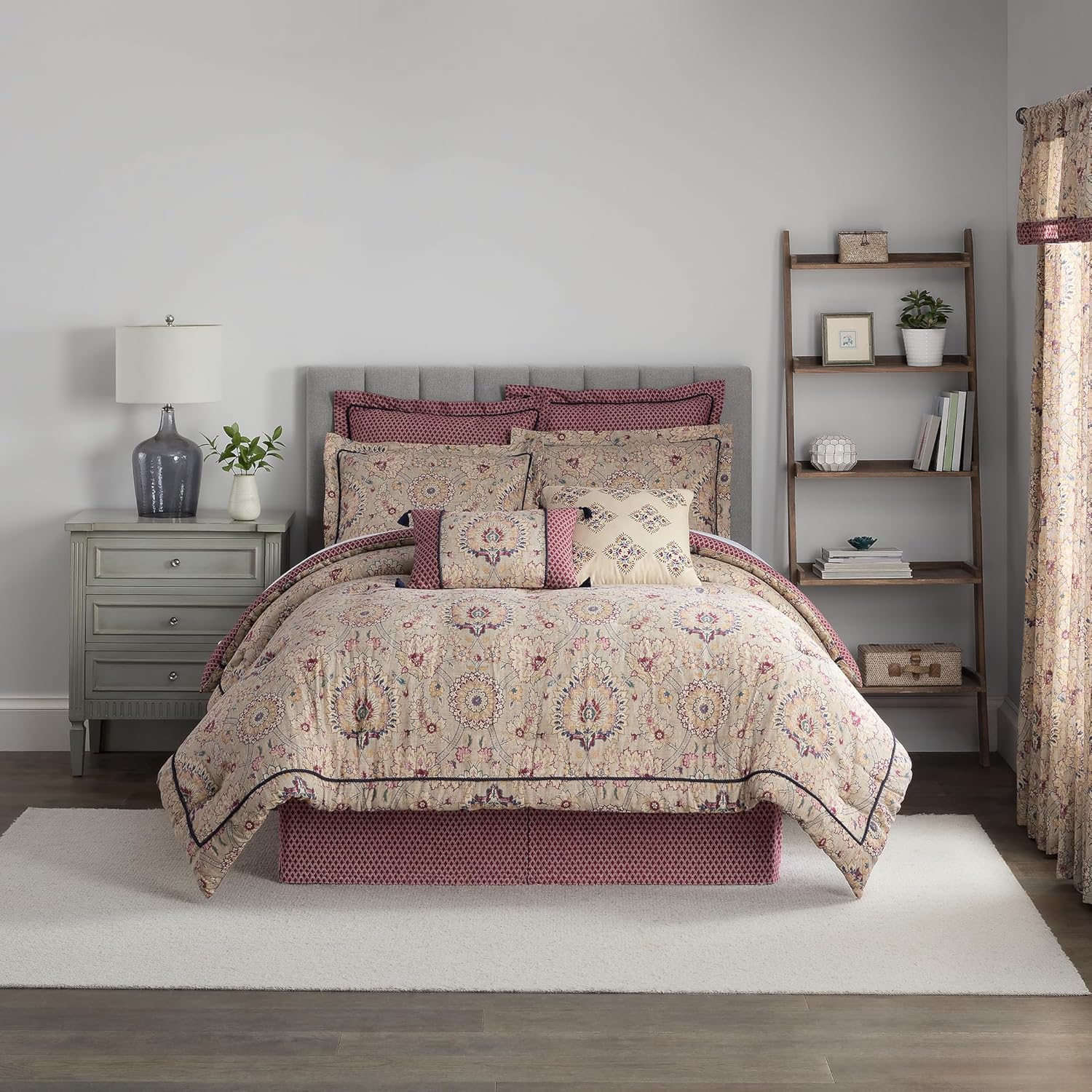 Beige & Maroon 4 Piece Cotton Comforter Set, Queen E5107