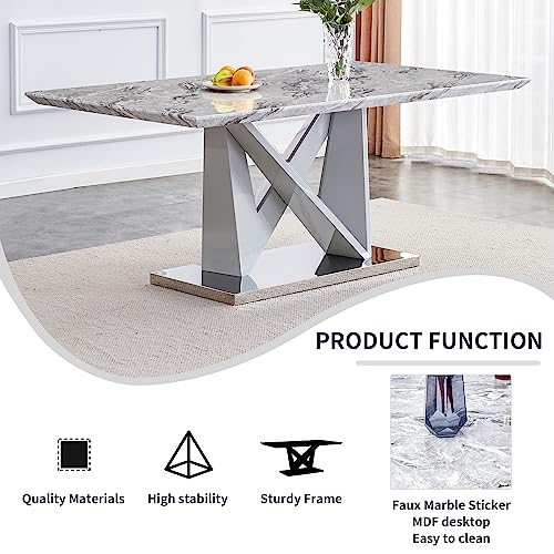 63" Faux Marble Dining Table Set with 6 PU Leather Upholstered Dining Chairs, 7 Piece T5388