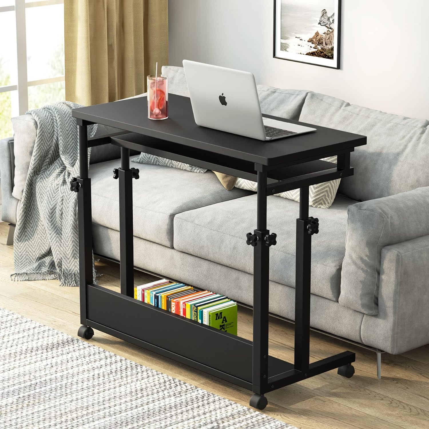 Black Height Adjustable Rolling Laptop Cart with Keyboard Tray C74996