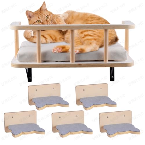 Natural Wood Cat Wall Shelves with 5 Steps D41925