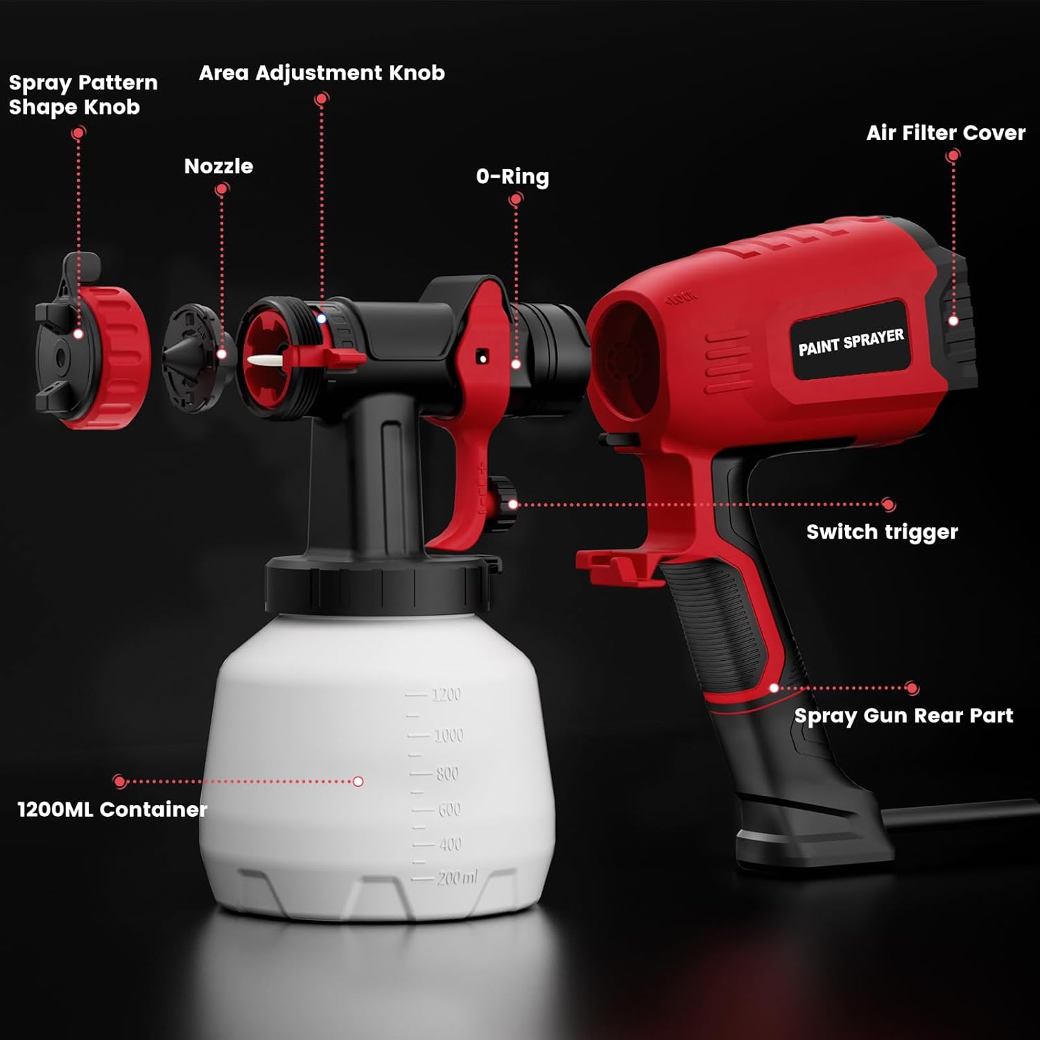 700W Electric Paint Sprayer with 1200ml Container, 4 Nozzles, 3 Patterns (Red) J69992