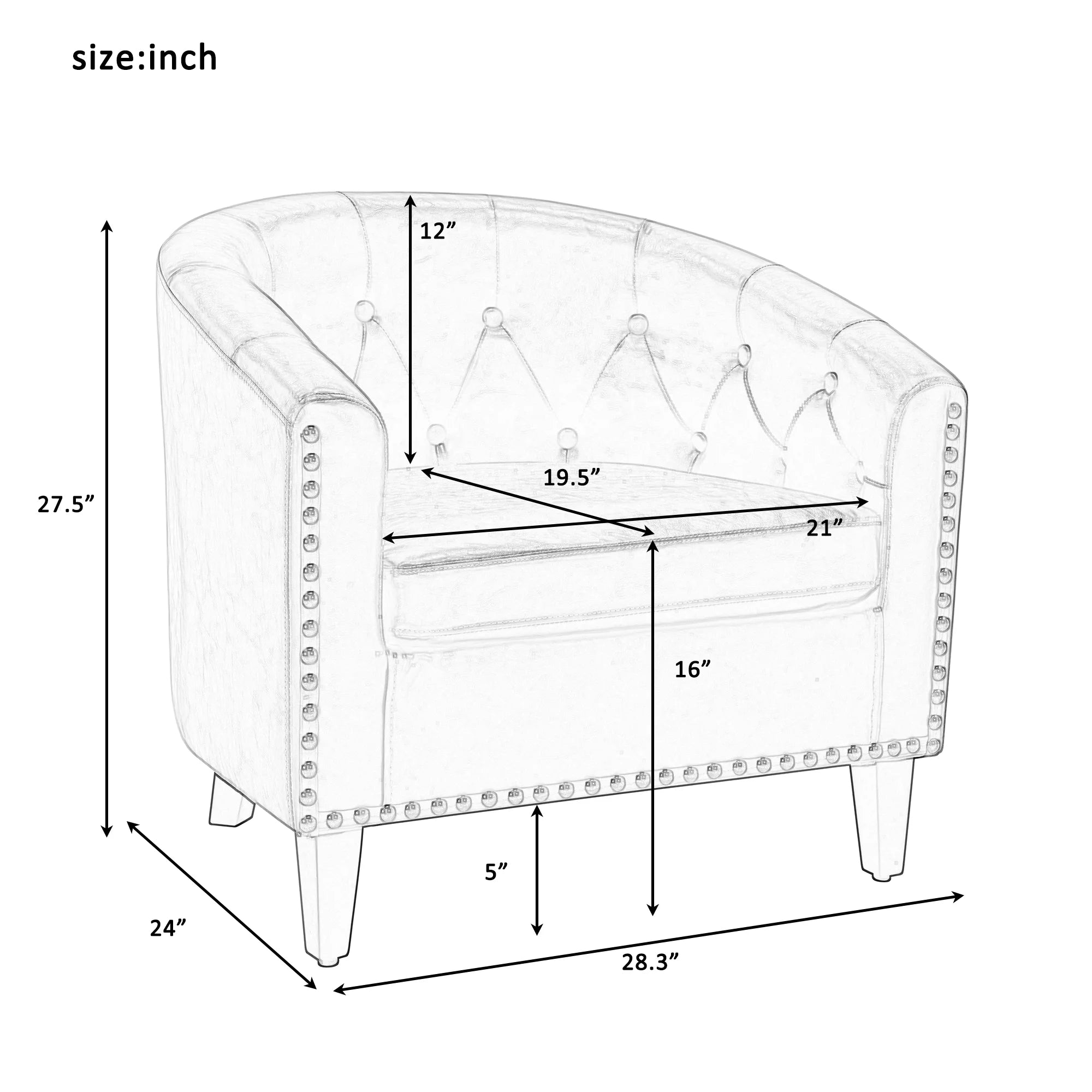 White Pu Leather Barrel Accent Chair with Nailheads and Solid Wood Legs G454