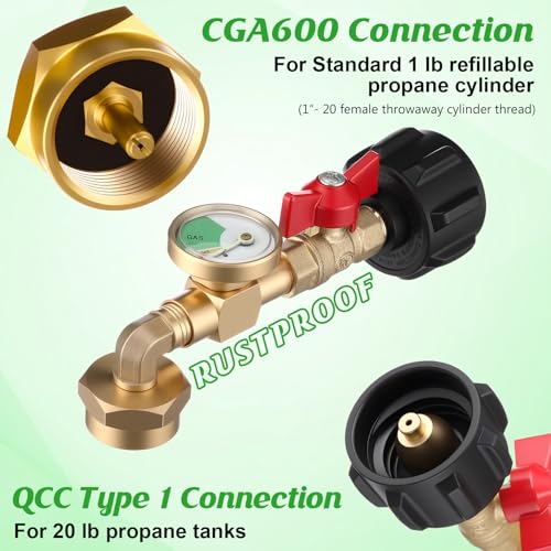 Propane Refill Adapter for 1lb Tank with 3 Cylinder Stand, QCC1 Refill Adapter 20lb to 1lb Converter with Gauge and On/Off Control Valve H689