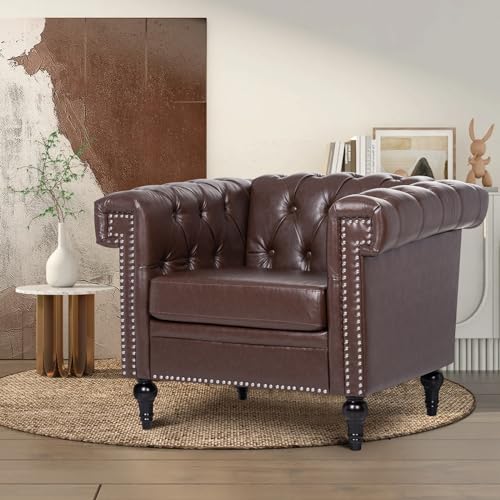 Brown Leather Square Arm Tufted Single Sofa Chair with Nailheads and Solid Wood Legs O898104