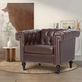 Brown Leather Square Arm Tufted Single Sofa Chair with Nailheads and Solid Wood Legs O898104