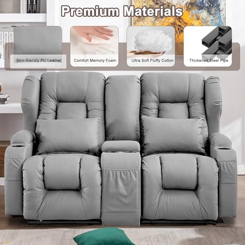 Beige Manual Reclining Loveseat Sofa with Console and Cup Holders A942