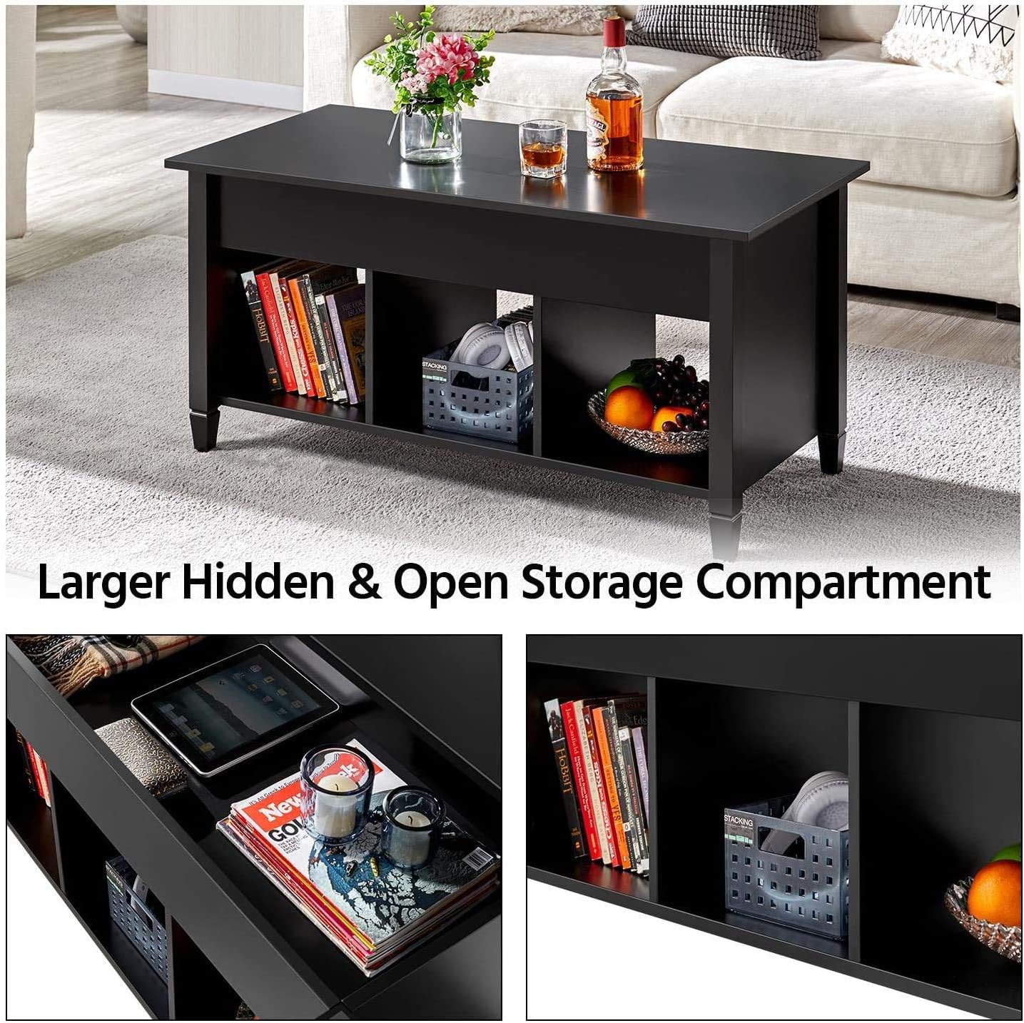 Black Lift Top Wood Coffee Table with Storage Shelf K558